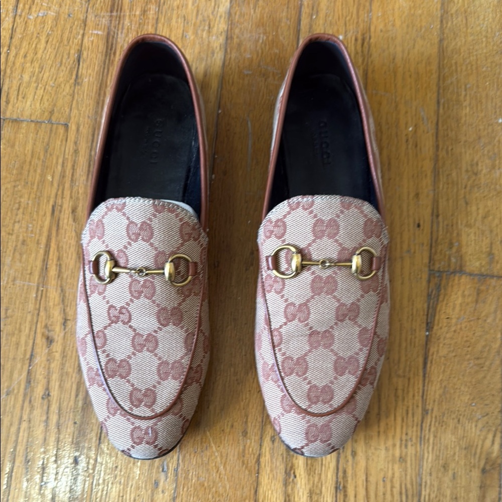 Gucci Monogram Beige and Brown Loafers with Gold Accent
